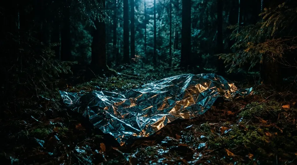 Crinkled mylar emergency blanket on a forest floor in moonlight