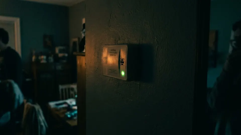 Carbon monoxide detector on a wall with a glowing indicator light