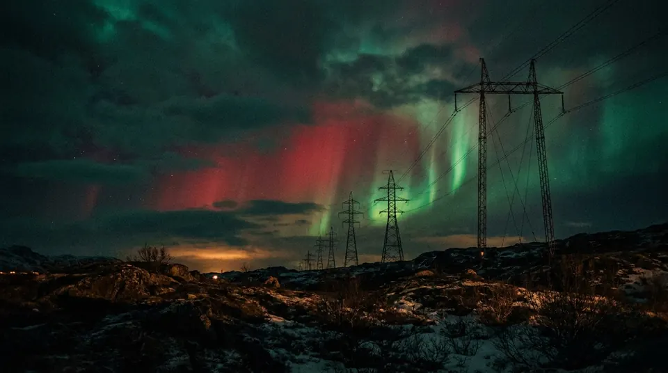 Red and green aurora over high-voltage transmission towers at night