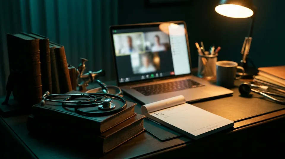 Doctor's desk with a stethoscope and a laptop for a telehealth call