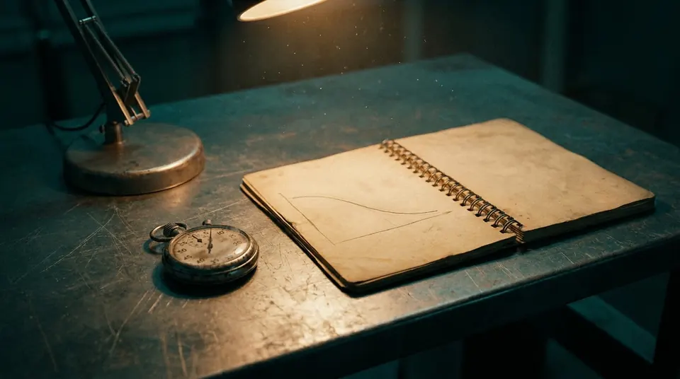 Stopwatch and notebook with a hand-drawn decay curve