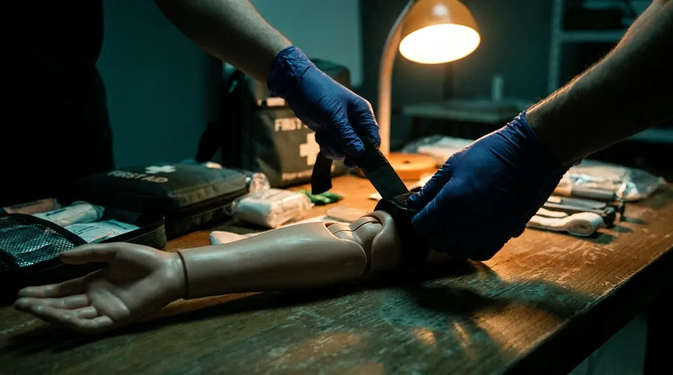 Gloved hands practicing a tourniquet on a training mannequin arm