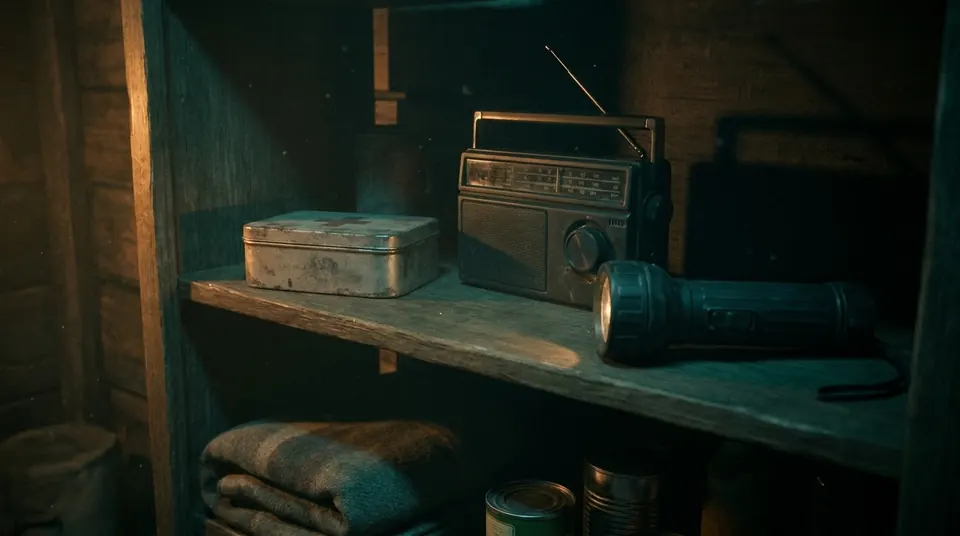 Home emergency shelf with a small medicine box, radio and flashlight