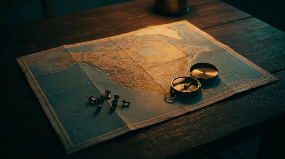 Paper map of North America with a compass and push pins